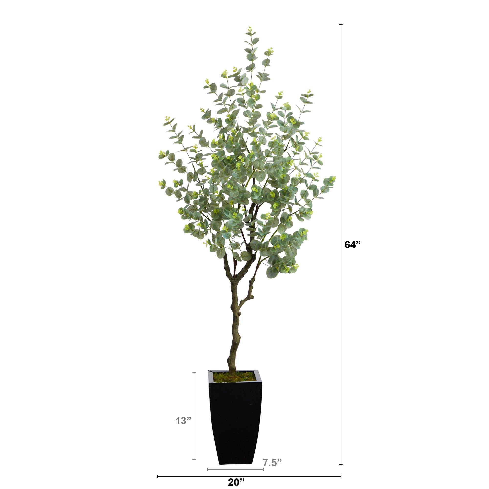 64” Eucalyptus Artificial Tree in Black Metal Planter | Nearly Natural