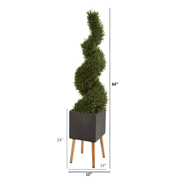 64” Rosemary Spiral Topiary Artificial Tree in Black Planter with Stand (Indoor/Outdoor)