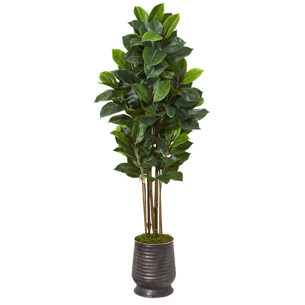 64” Rubber Leaf Artificial Tree in Ribbed Metal Planter