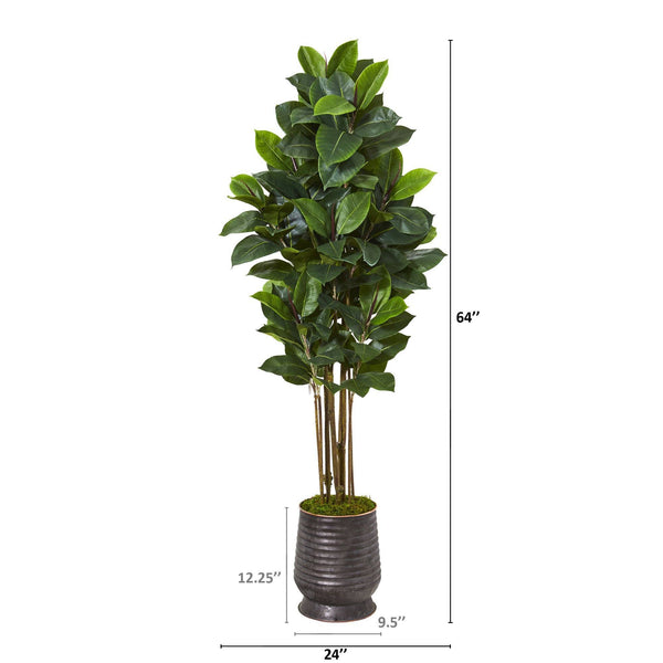 64” Rubber Leaf Artificial Tree in Ribbed Metal Planter