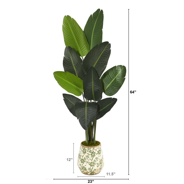 64” Traveler's Palm Artificial tree in Floral Print Planter