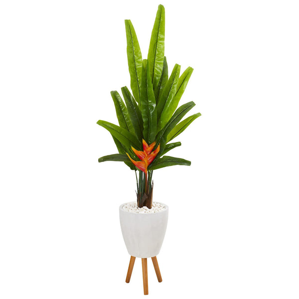64” Traveler's Palm Artificial Tree in White Planter with Stand