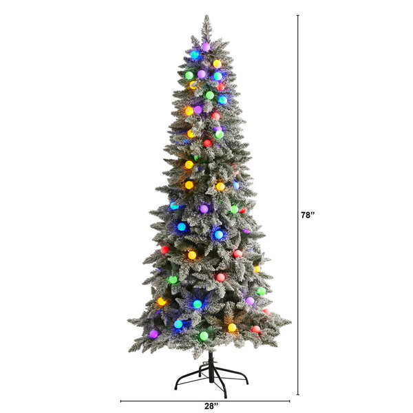6.5' Flocked British Columbia Mountain Fir Artificial Christmas Tree with 75 Multi Color Globe Bulbs and 679 Bendable Branches