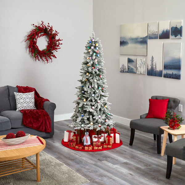 6.5' Flocked British Columbia Mountain Fir Artificial Christmas Tree with 75 Multi Color Globe Bulbs and 679 Bendable Branches