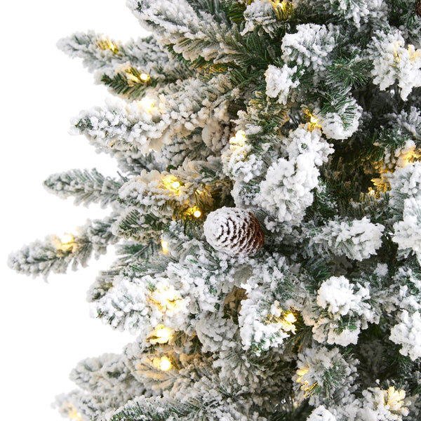6.5’ Flocked Livingston Fir Artificial Christmas Tree with Pine Cones and 300 Clear Warm LED Lights