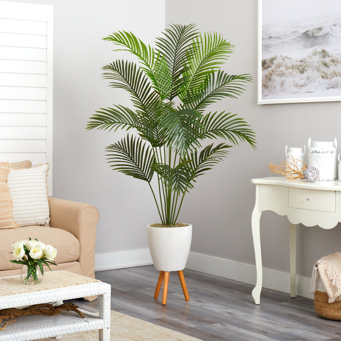 palm tree plant stand 6.5' Golden Cane Artificial Palm Tree in White Planter with Stand