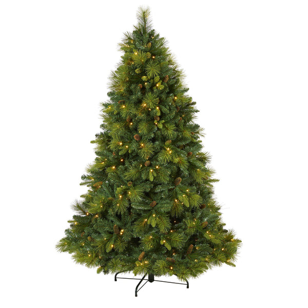 6.5’ North Carolina Mixed Pine Artificial Christmas Tree with 350 Warm White LED Lights, 1367 Bendable Branches and Pinecones