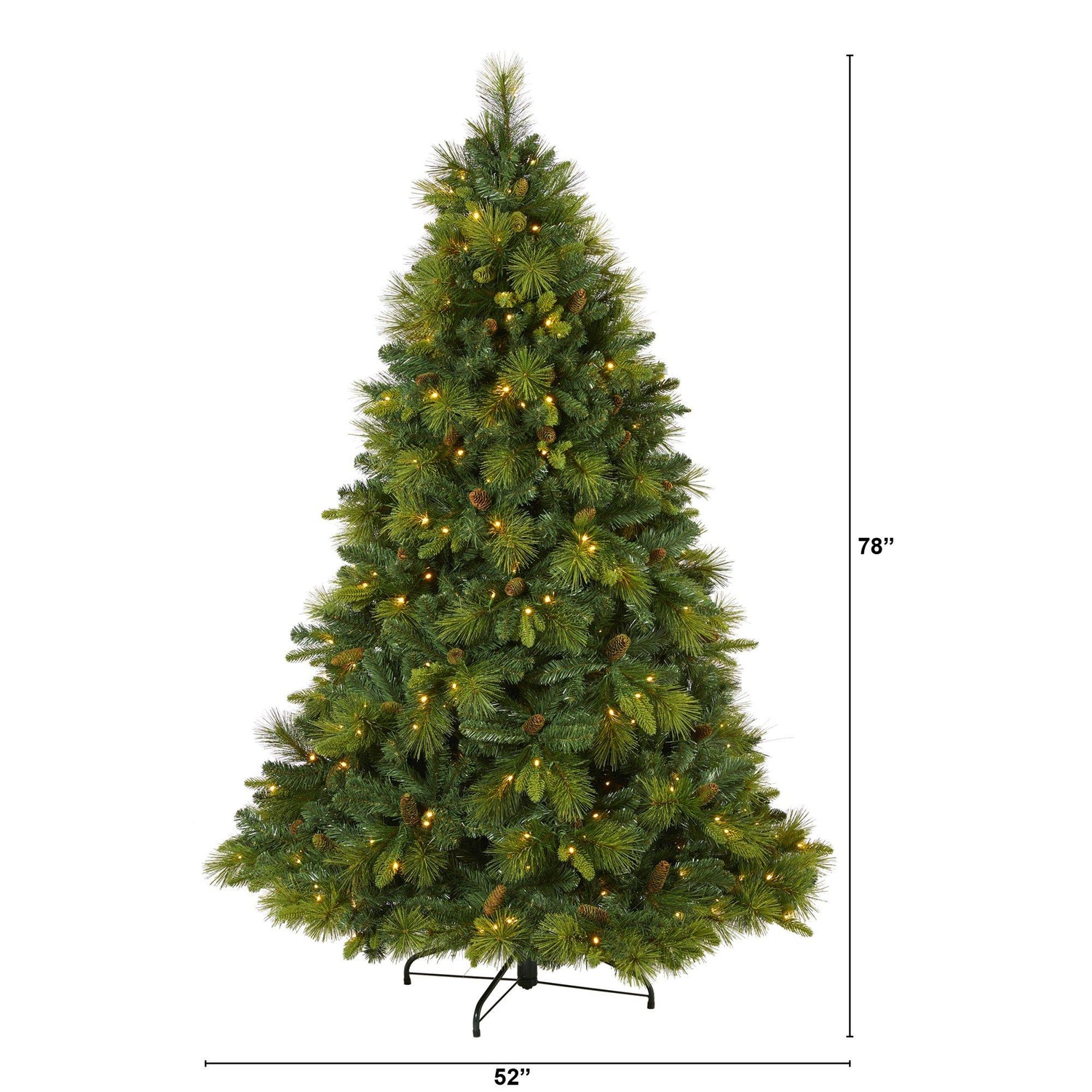 6.5’ North Carolina Mixed Pine Artificial Christmas Tree with 350 Warm White LED Lights, 1367 Bendable Branches and Pinecones
