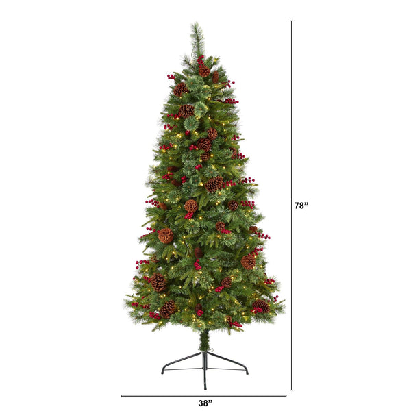 6.5’ Norway Mixed Pine Artificial Christmas Tree with 350 Clear LED Lights, Pine Cones and Berries