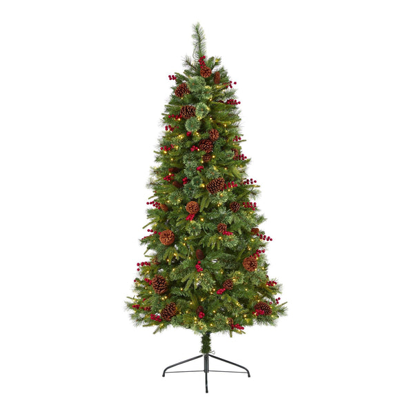 6.5’ Norway Mixed Pine Artificial Christmas Tree with 350 Clear LED Lights, Pine Cones and Berries