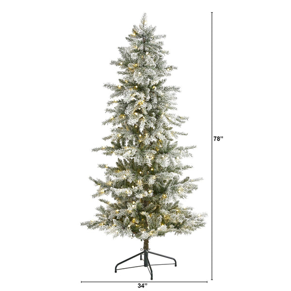 6.5’ Slim Flocked Nova Scotia Spruce Artificial Christmas Tree with 300 Warm White LED Lights and 699 Bendable Branches