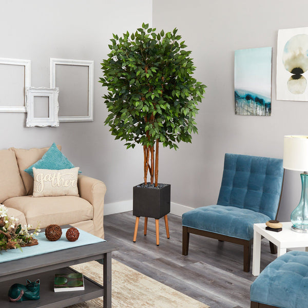 6.5’ Super Deluxe Ficus Artificial Tree in Black Planter with Stand