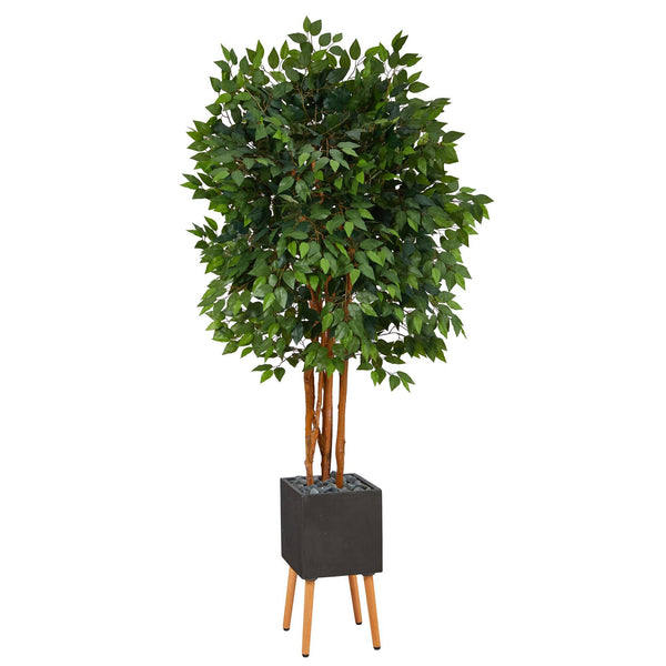 6.5’ Super Deluxe Ficus Artificial Tree in Black Planter with Stand