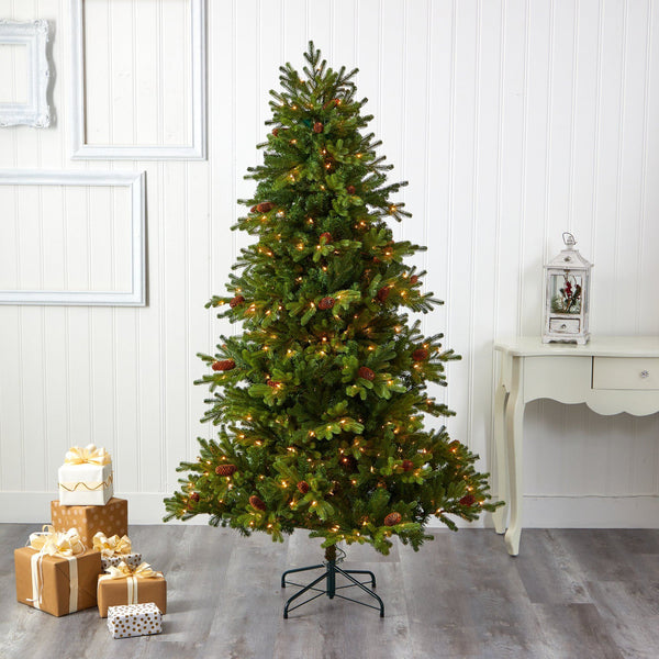 6.5’ Yukon Mountain Fir Artificial Christmas Tree with 450 Clear Lights, Pine Cones and 1236 Bendable Branches