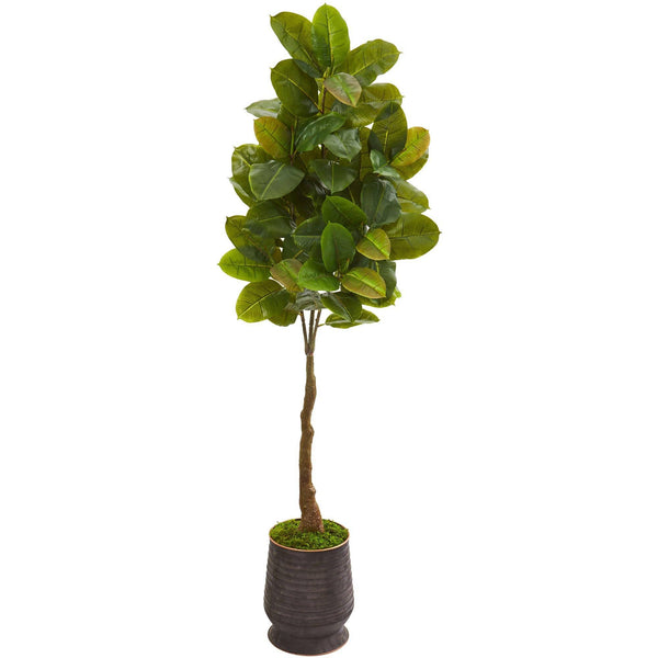 68” Rubber Leaf Artificial Tree in Ribbed Metal Planter (Real Touch)