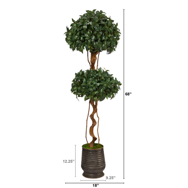 68” Sweet Bay Double Ball Topiary Artificial Tree in Ribbed Metal Planter