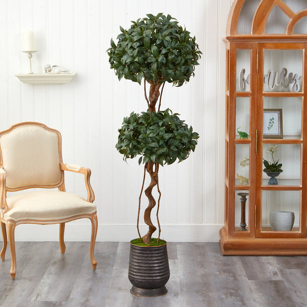 68” Sweet Bay Double Ball Topiary Artificial Tree in Ribbed Metal Planter
