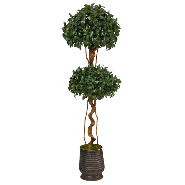 68” Sweet Bay Double Ball Topiary Artificial Tree in Ribbed Metal Planter