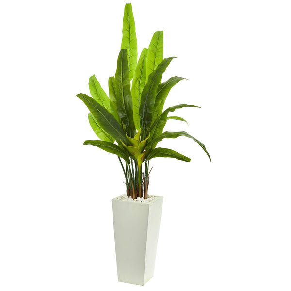 69” Travelers Palm Artificial Tree in White Tower Planter