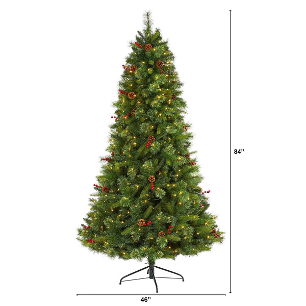 7’ Aberdeen Spruce Artificial Christmas Tree with 500 Clear LED Lights, Pine Cones and Red Berries
