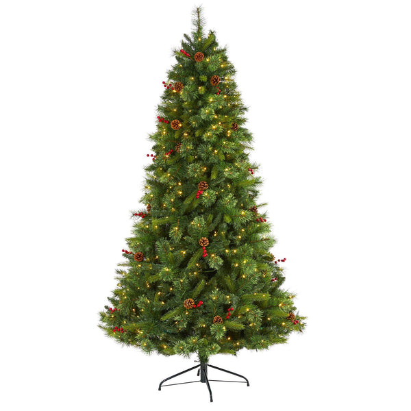 7’ Aberdeen Spruce Artificial Christmas Tree with 500 Clear LED Lights, Pine Cones and Red Berries