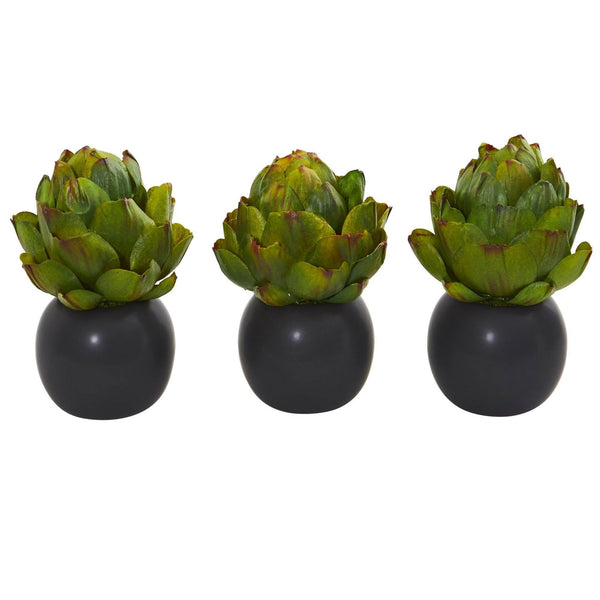 7” Artichoke Artificial Plant in Black Vase (Set of 3)