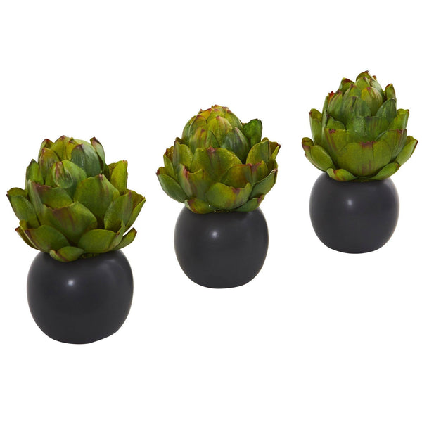7” Artichoke Artificial Plant in Black Vase (Set of 3)