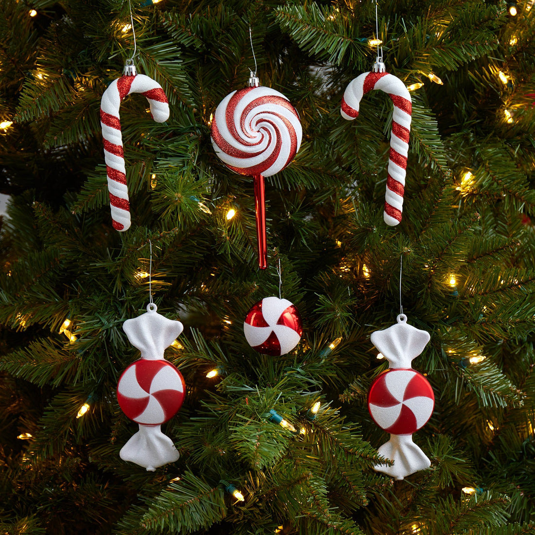 7” Assorted Candy Cane Holiday Christmas Deluxe Shatterproof Ornament Set  of 6 | Nearly Natural