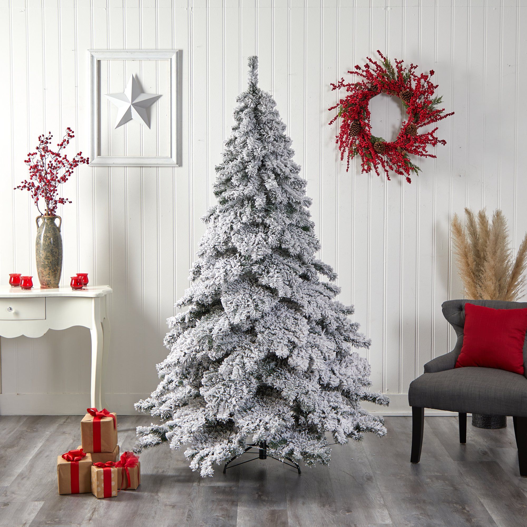 7' Flocked Austria Fir Christmas Tree with 400 Warm White LED