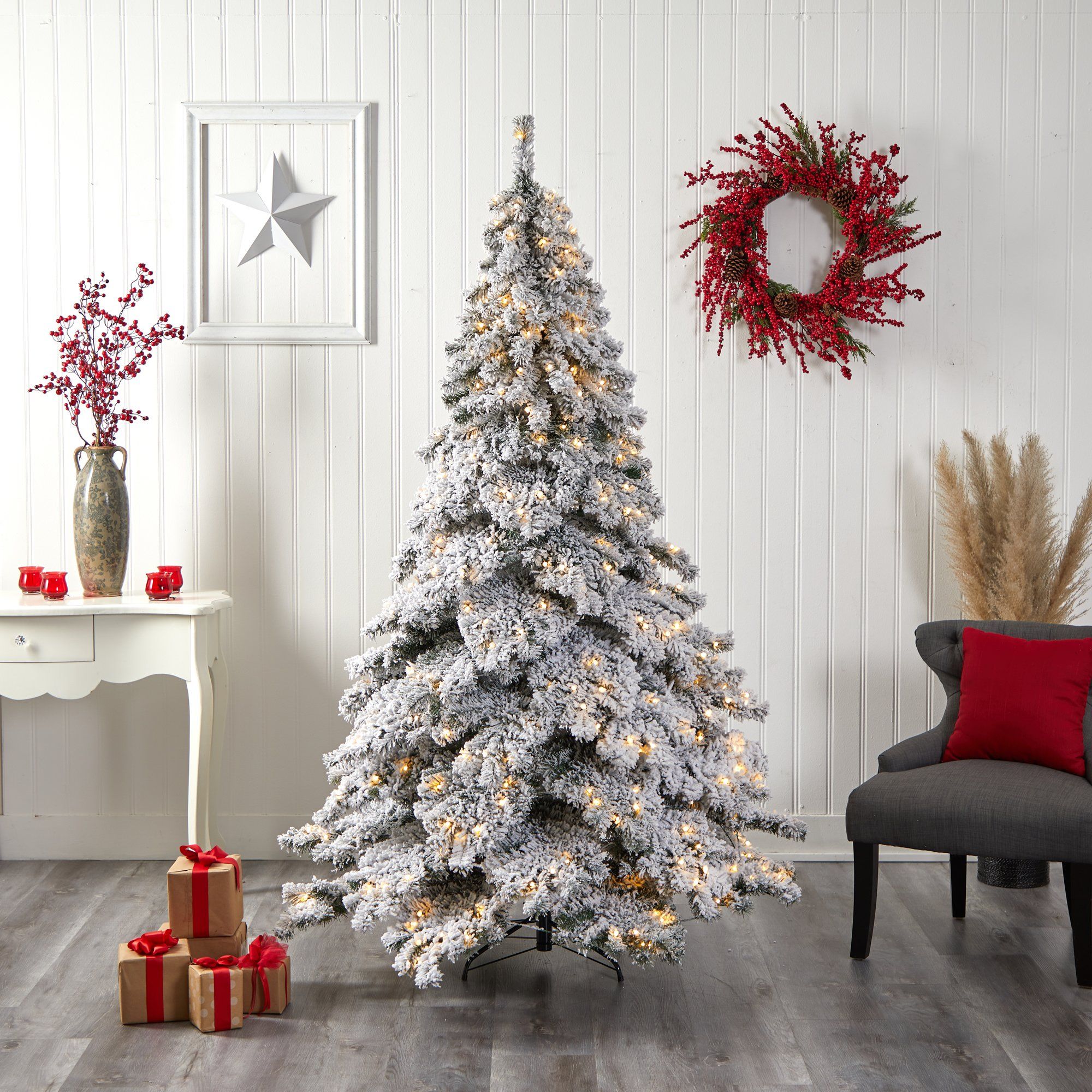7' Flocked Austria Fir Christmas Tree with 400 Warm White LED