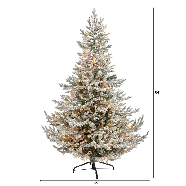 7’ Flocked Fraser Fir Artificial Christmas Tree with 600 Warm White Lights and 3852 Bendable Branches