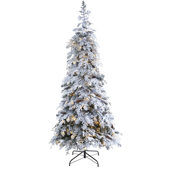 7’ Flocked Montana Down Swept Spruce Artificial Christmas Tree with Pinecones and 400 LED Lights