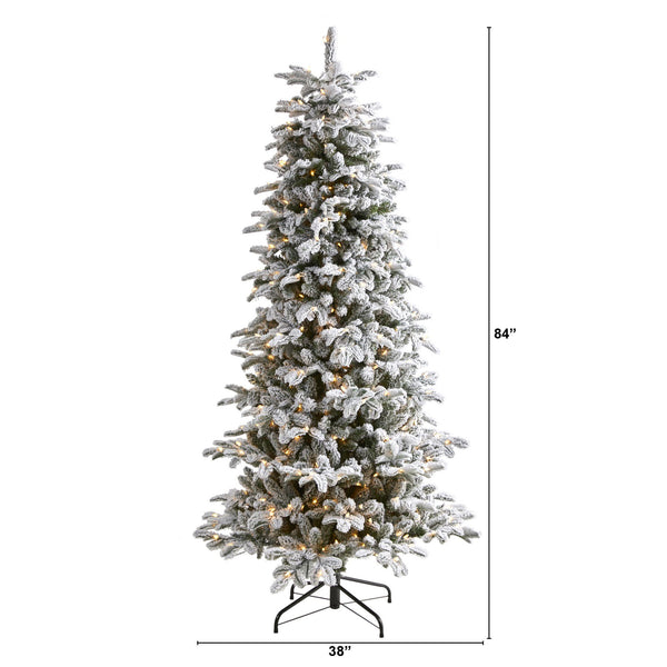 7’ Flocked North Carolina Fir Artificial Christmas Tree with 550 Warm White Lights and 2090 Bendable Branches