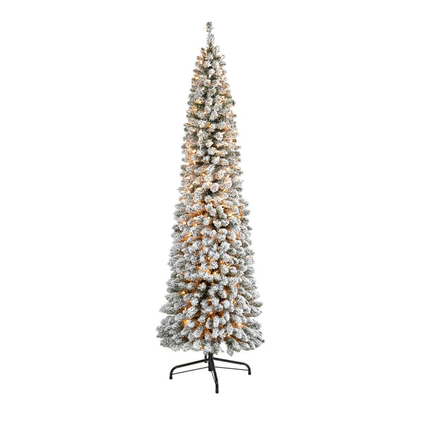 7’ Flocked Pencil Artificial Christmas Tree with 400 Clear Lights and 574 Bendable Branches