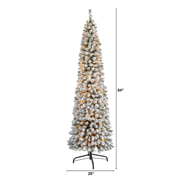 7’ Flocked Pencil Artificial Christmas Tree with 400 Clear Lights and 574 Bendable Branches