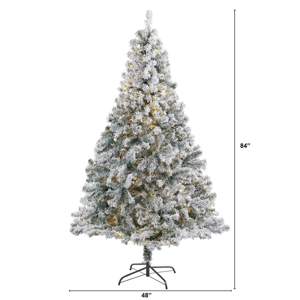 7' Flocked Rock Springs Spruce Artificial Christmas Tree with 350 Clear LED Lights and 800 Bendable Branches