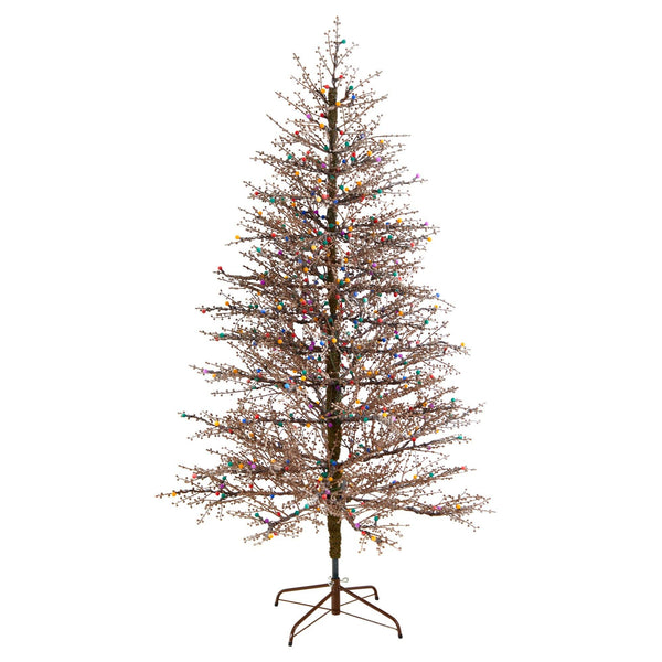 7' Frosted Berry Twig Christmas Tree with 450 Multicolored Gum Ball LED Lights and 1192 Bendable Branches