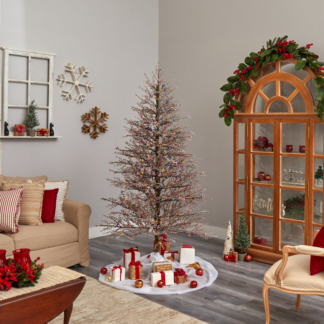 christmas tree rubber branches 7' Frosted Berry Twig Tree with 450 Multicolored Gum Ball LED Lights and 1192 Bendable Branches
