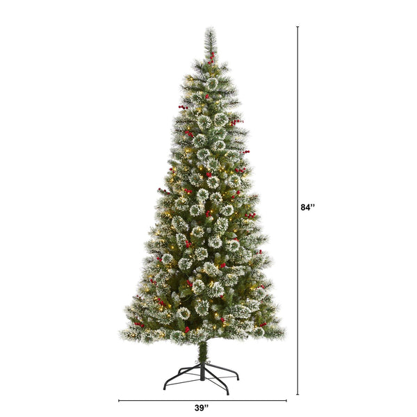 7’ Frosted Swiss Pine Artificial Christmas Tree with 400 Clear LED Lights and Berries