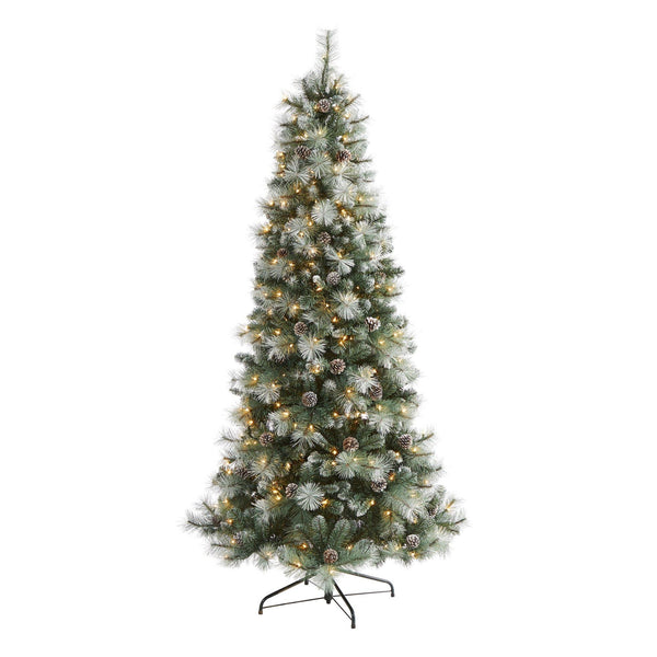 Frosted Tip British Columbia Mountain Pine Artificial Christmas Tree with 400 Clear Lights, Pine Cones and 882 Bendable Branches