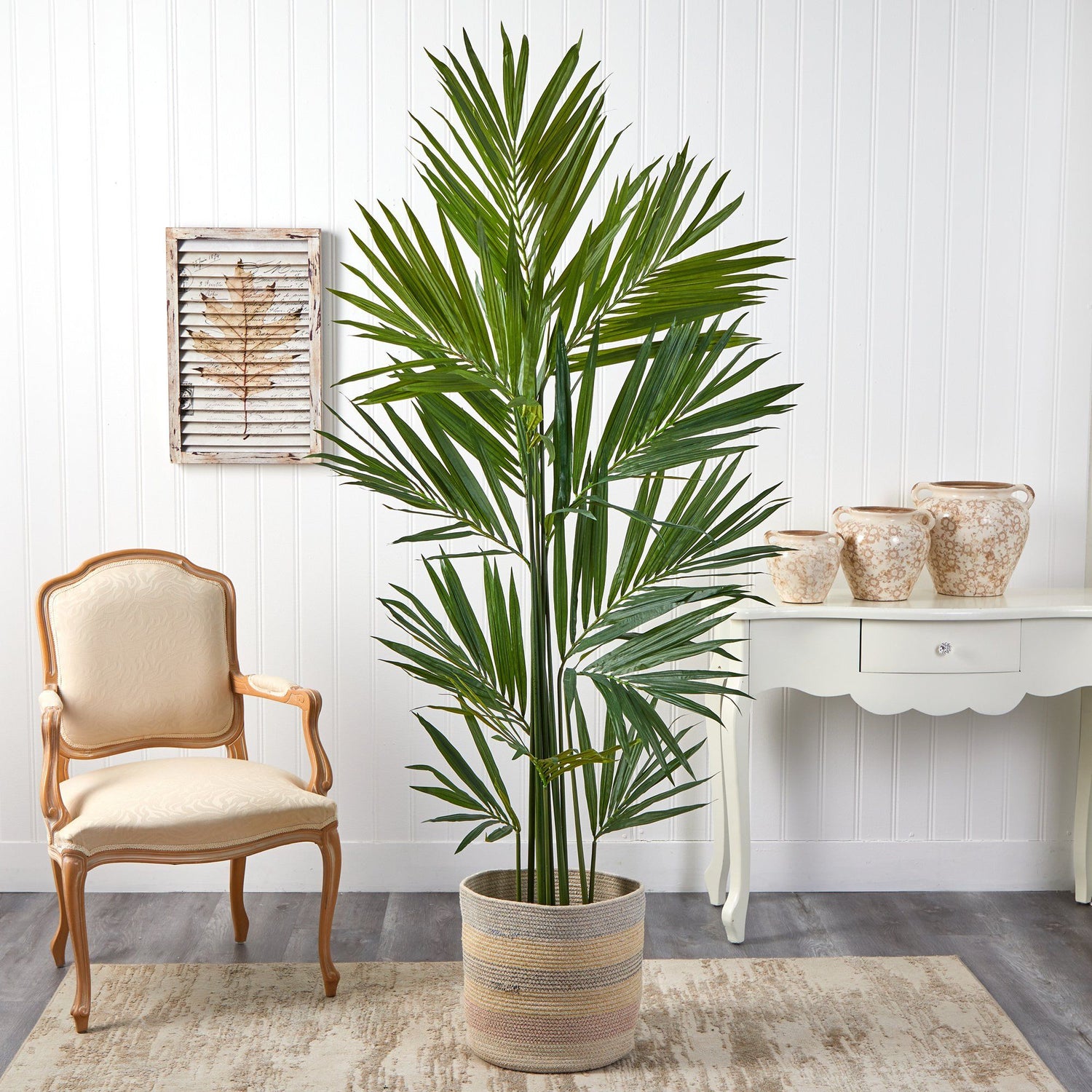 7’ Kentia Artificial Palm in Handmade Natural Cotton Multicolored Woven Planterr