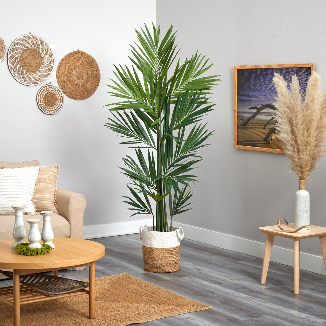 tall plants indoor fake 7' Kentia Artificial Palm in Handmade Natural Jute and Cotton Planter