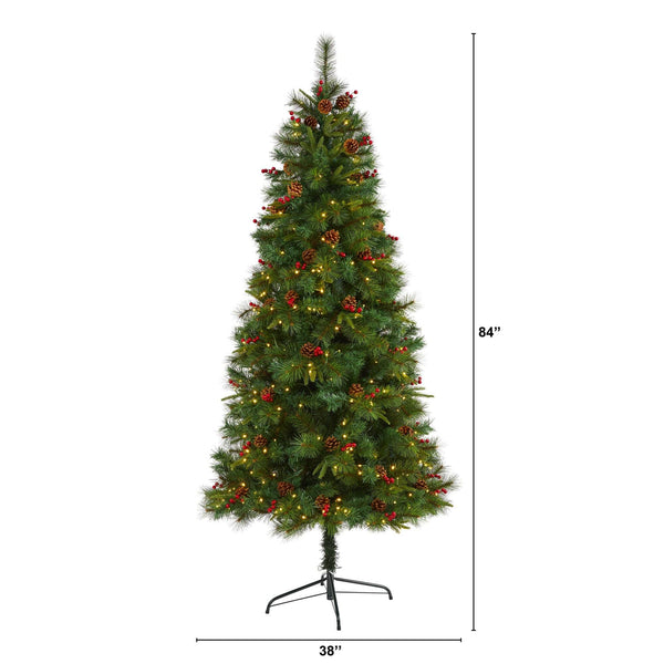 7’ Mixed Pine Artificial Christmas Tree with 350 Clear LED Lights, Pine Cones and Berries