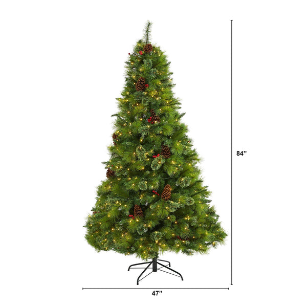 7’ Montana Mixed Pine Artificial Christmas Tree with Pine Cones, Berries and 500 Clear LED Lights