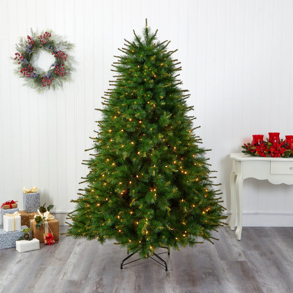 7’ New England Pine Artificial Christmas Tree with 400 Clear Lights and 1044 Bendable Branches