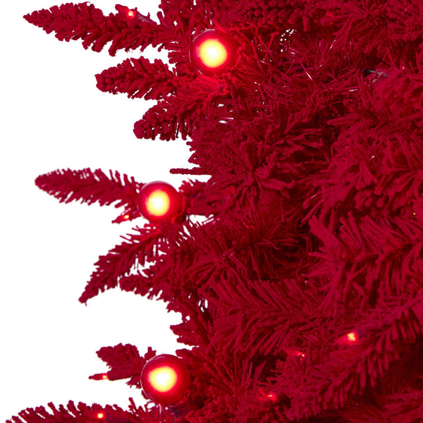 7' Red Flocked Fraser Fir Artificial Christmas Tree with 500 Red Lights, 40 Globe Bulbs and 1039 Bendable Branches