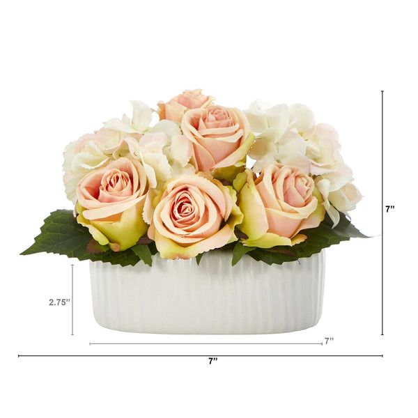7” Rose and Hydrangea Artificial Arrangement in White Vase