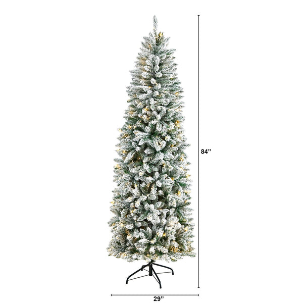 7’ Slim Flocked Montreal Fir Christmas Tree with 300 Warm White LED Lights and 995 Bendable Branches