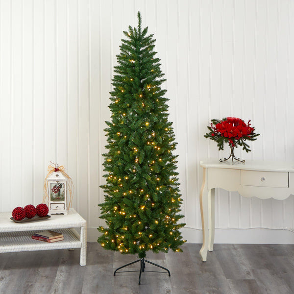 7’ Slim Green Mountain Pine Artificial Christmas Tree with 300 Clear LED Lights