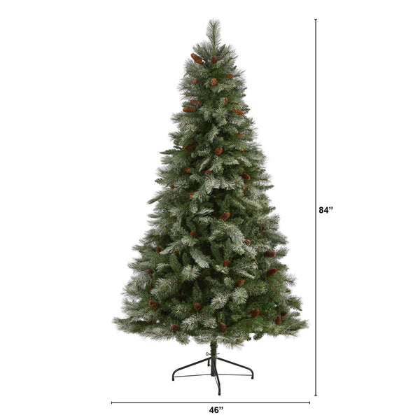 7’ Snowed French Alps Mountain Pine Artificial Christmas Tree with 833 Bendable Branches and Pine Cones